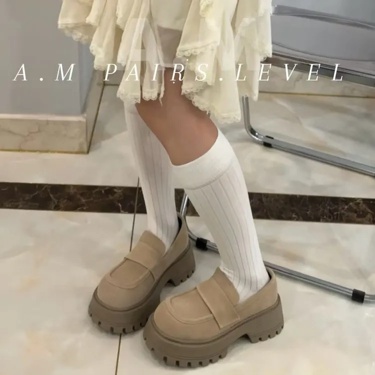 2025秋冬新款韩版麂皮厚底增高乐福鞋女款英伦风小皮鞋一脚蹬单鞋