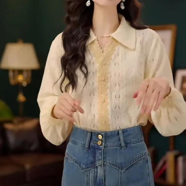 【云朵慕斯】欧若风长袖衬衫女时尚休闲宽松上衣蕾丝衫X0152