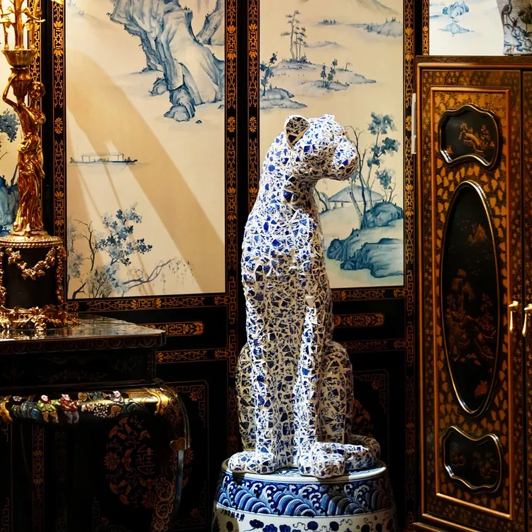 【本尼家】BJ06马赛克青花瓷手工贴片家居装饰品玄关摆件豹子