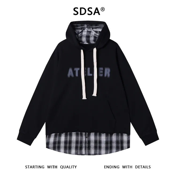 SDSA秋冬新款痞帅男装美式印花字母抽绳连帽卫衣格子拼接设计百搭