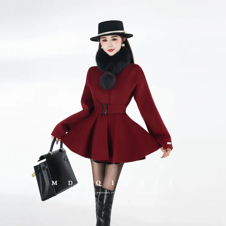 MD定制·杨千亿【简红之力】2025冬季羊毛呢外套拼接毛领时尚百搭