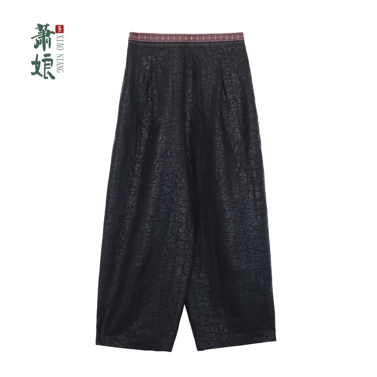 萧娘【宥歌】电力纺龟香云纱直筒裤新中式桑蚕丝百搭国风女裤5122