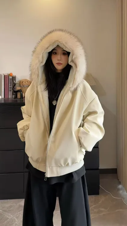 冬装新款PU皮座山雕棉服男女同款加厚加绒大理石防兔毛情侣装棉衣