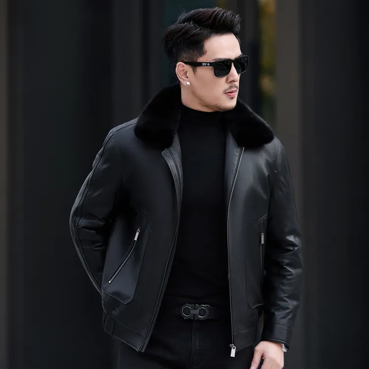 海宁真皮皮衣男羊皮加厚中年爸爸装水貂毛领秋冬翻领皮夹克外套男