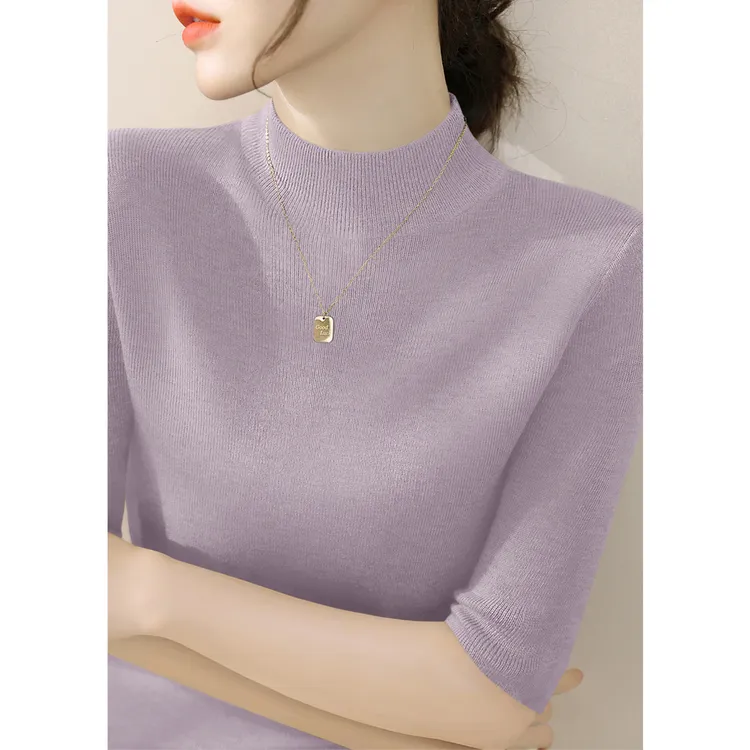 时尚秋季百搭五分袖内搭打底衫2025年半高领修身简约针织女装上衣