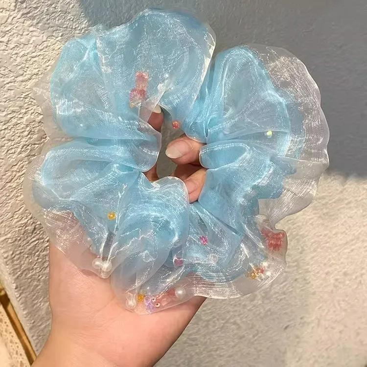 蓝色网纱小金鱼泡泡大肠发圈女高级感低马尾发绳头饰丸子头绳发饰