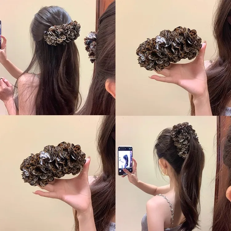 韩系豹纹花朵香蕉夹女后脑勺抓夹大号发夹竖夹马尾夹头饰头花发饰