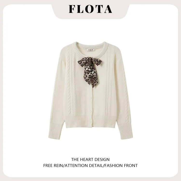 2026新款正肩长袖毛针织开衫女豹纹蝴蝶结绑带韩系chic别致上衣