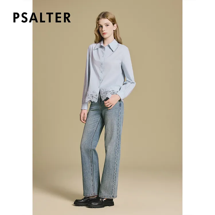 【纯棉】PSALTER诗篇纯色通勤拼接镂空修身衬衫2025秋季新款