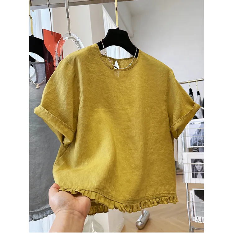 高端纯亚麻圆领短袖衬衫女夏季法式气质小衫超好看木耳边短款上衣