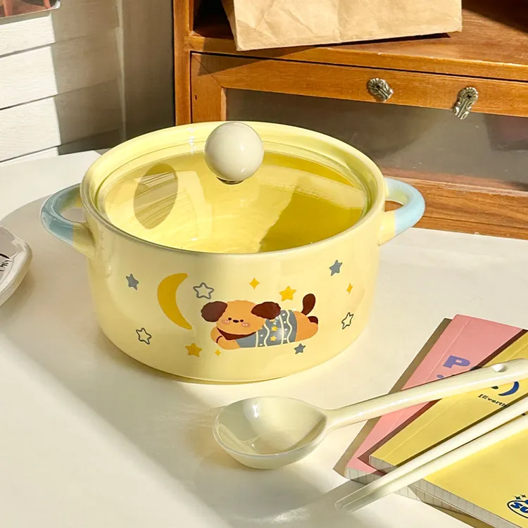 ins可爱小狗陶瓷泡面碗宿舍学生用面碗带盖微波炉饭碗打饭专用碗