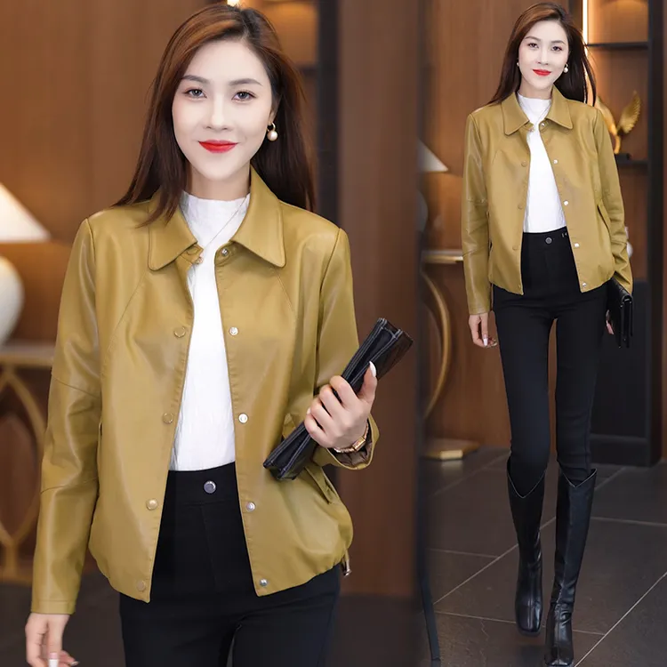 极简风秋季短款翻领皮衣女2025春秋新款小个子街头风机车服短外套