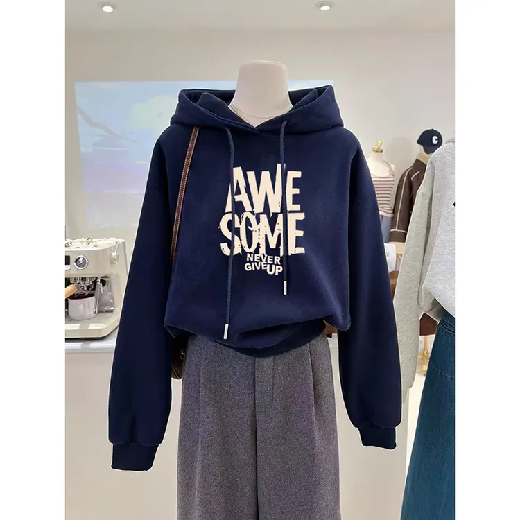 加绒加厚短款连帽卫衣女2025秋冬季时尚百搭慵懒风保暖上衣小个子