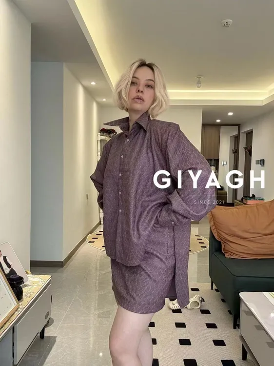 高级女装衬衫+短裙套装轻熟风紫色衬衫两件套