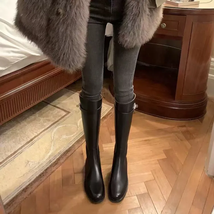 【火火专属】小个子内增高~长筒斜口k*扣加绒粗跟高筒骑士靴女长靴