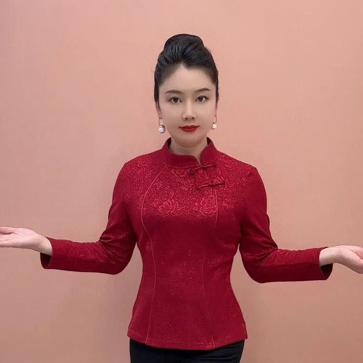 妈妈春秋长袖套头上衣中国风复古提花小衫2025新款中老年女旗袍衫