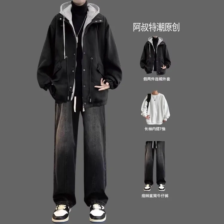 暗黑美式连帽毛呢外套男生套装春秋季2025新款假两件夹克男士百搭