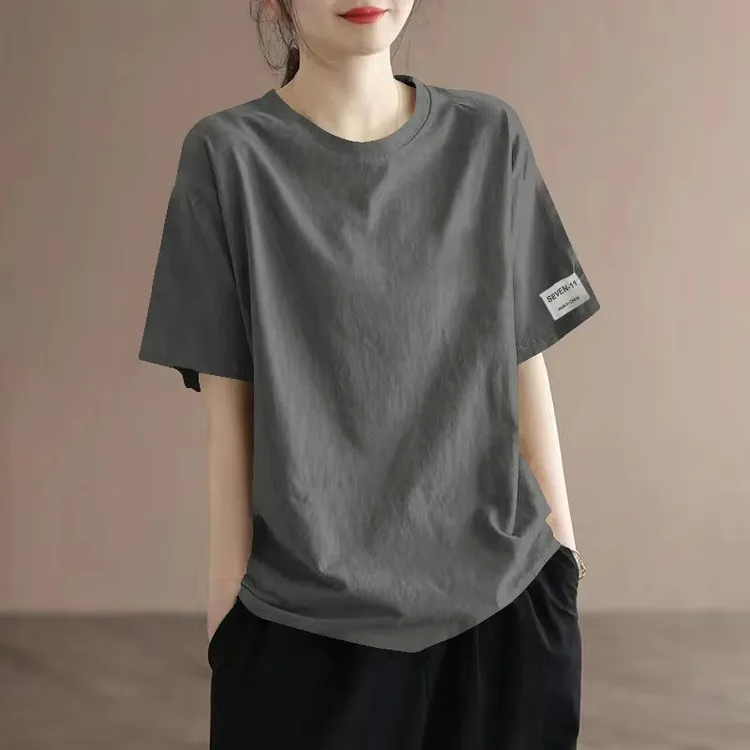 夏季新款纯色百搭减龄短袖T恤女士简约纯棉圆领宽松打底衫上衣女