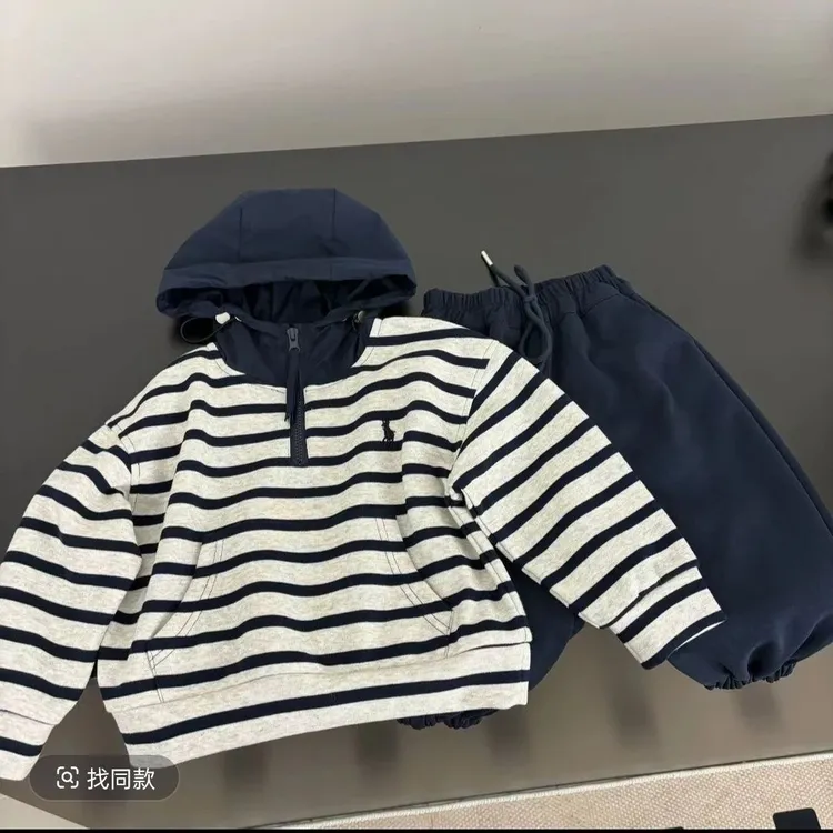 儿童套装2025春季新款韩版男女童宽松条纹连帽卫衣卫裤时尚两件套