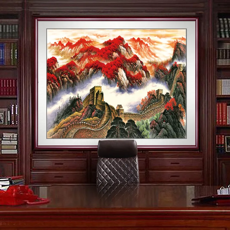 正方形鸿运当头老板办公室背景墙山水国画中堂客厅装饰大气字画挂
