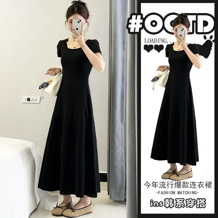 2025新款小个子法式黑色连衣裙女夏季高级感气质修身收腰显瘦长裙