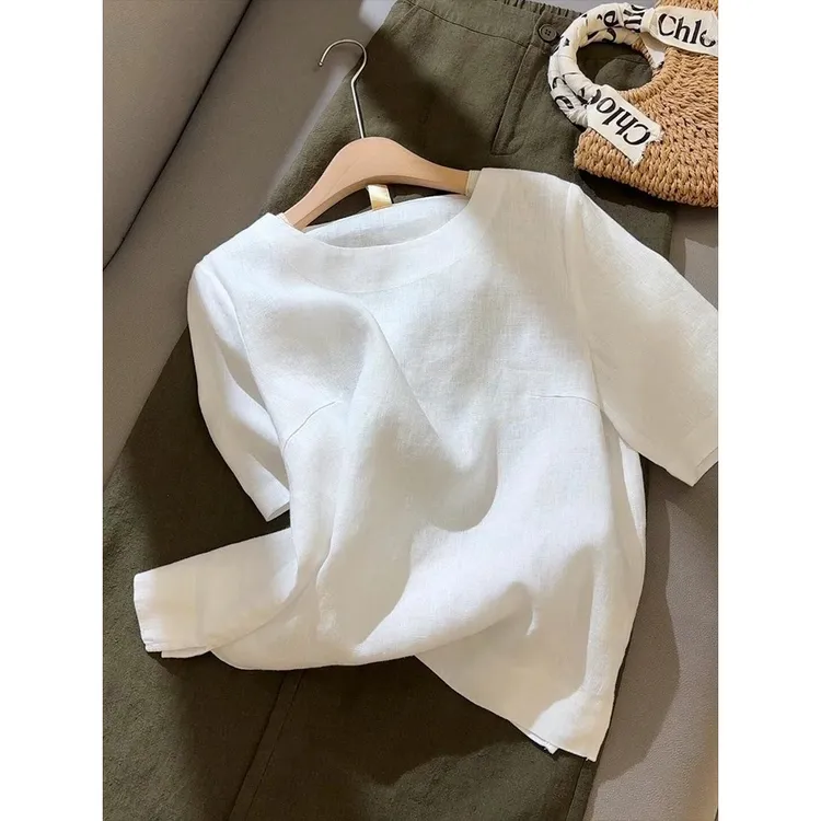 广州十三行高货韩式白色圆领小衫夏季新款休闲风套头正肩短袖上衣