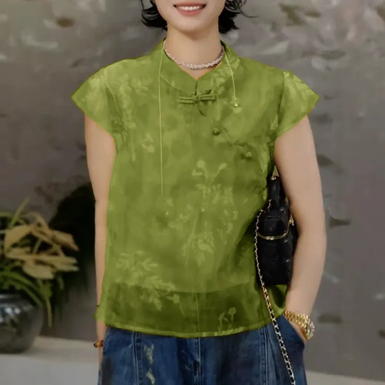 【金枝玉叶】新中式夏季轻凉暗纹斜襟盘扣盖袖双层衬衫女气质显瘦