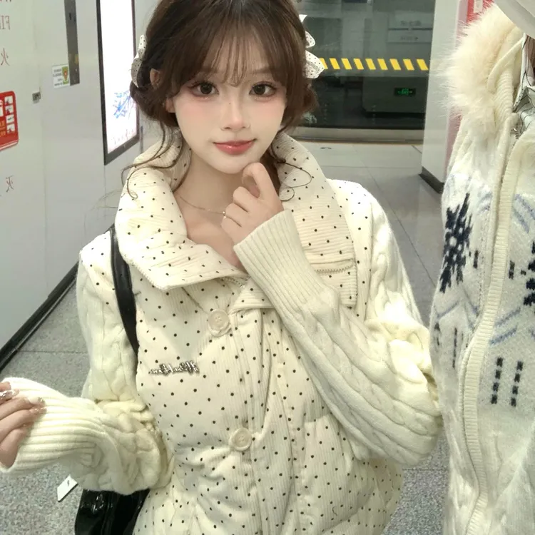 Moonpai/波点针织拼接长袖棉服外套女冬季小个子假两件面包服棉衣