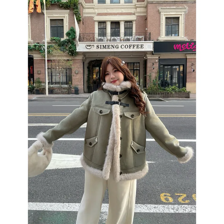 花契"星湖漫游"大码女装秋冬简约200斤胖mm拽姐毛绒外套13607-C