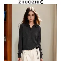 [卓芝]通勤风复古Polo领灰色针织衫2025秋季新款简约百搭气质毛衣