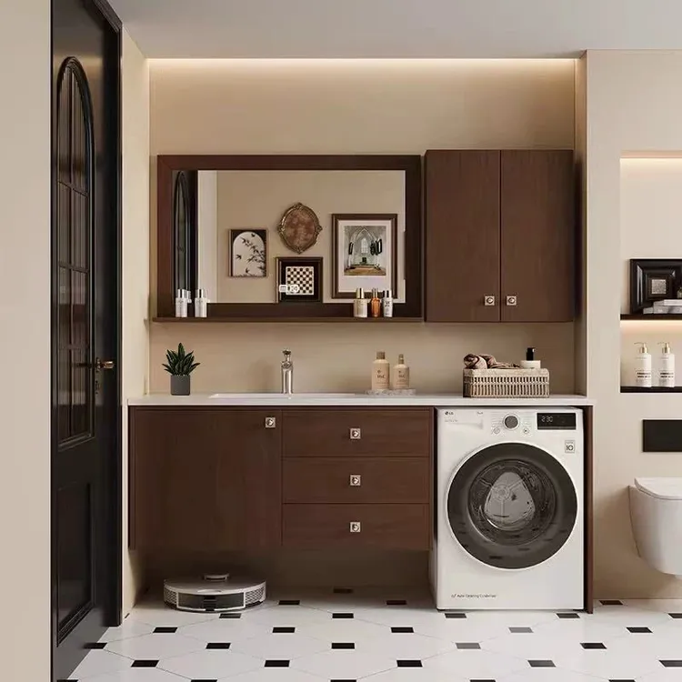 中古风洗衣机一体柜浴室柜组合橡木岩板卫生间洗漱阳台洗手脸盆柜