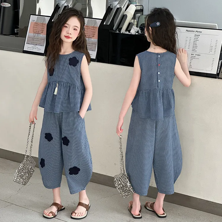 2025休闲格子大花朵套装夏日女童夏季时尚中大童洋气时髦薄款无袖