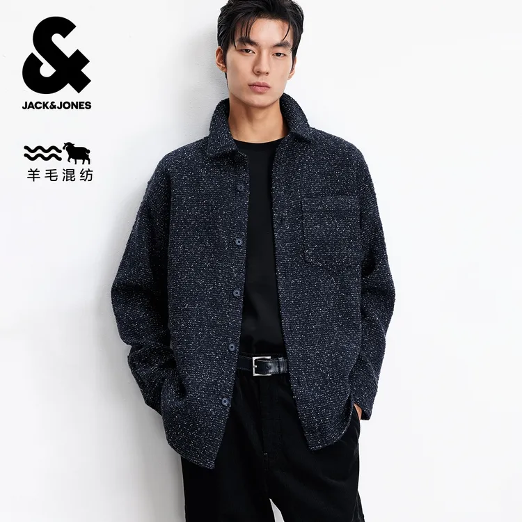 杰克琼斯秋冬男士羊毛混纺衬衫外套宽松翻领精致老钱风男装高级感