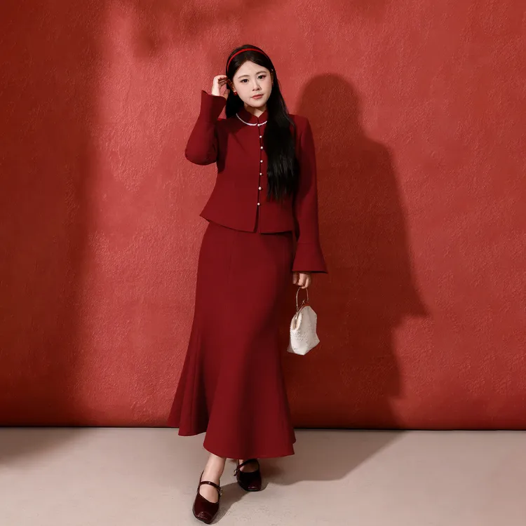 【玲珑珠翠】秋冬大码女装新中式订婚结婚礼服鱼尾半裙套装DM35249