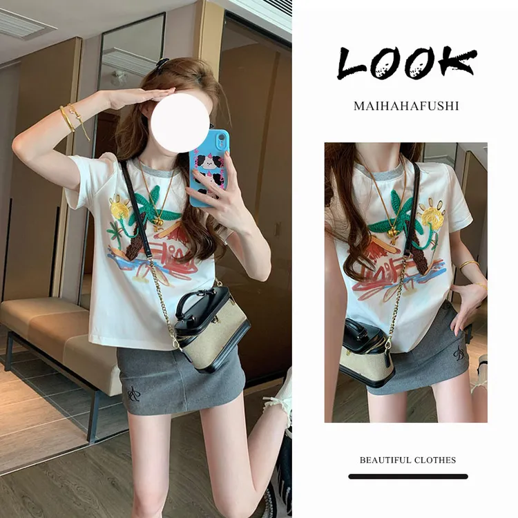 春季一整套女装2025新款韩版洋气印花显瘦短袖上衣包臀短裙两件套