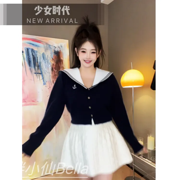 【胖小仙】<少女时代>日系学院风开衫款海军领长袖外套微胖显瘦大码