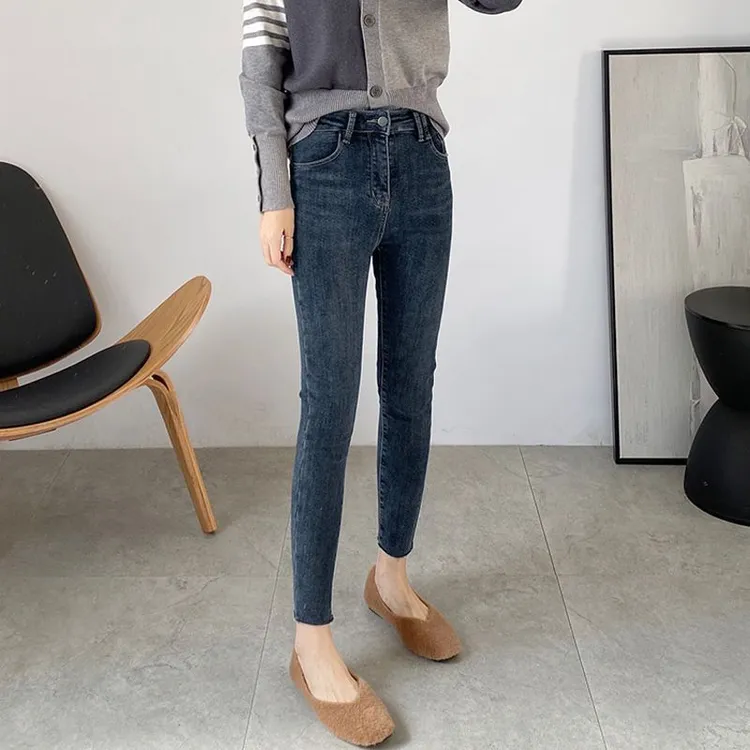 蓝灰色铅笔牛仔裤女2025春秋新款高腰弹力修身显瘦九分小脚紧身裤