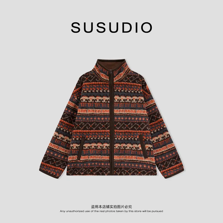 SUSUDIO 费尔岛复古摇粒绒内里加绒立领加厚宽松显瘦外套 70394