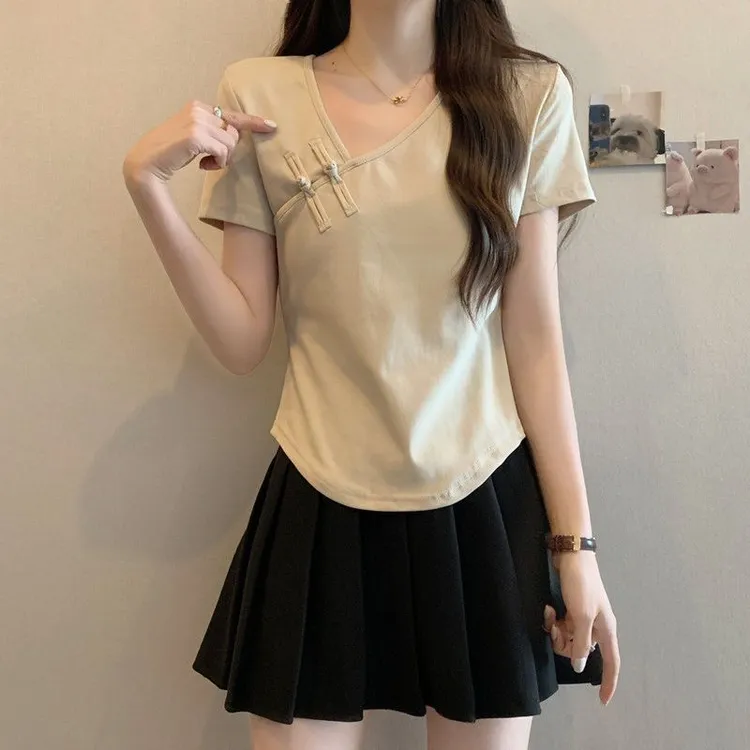 大码不规则女T恤短袖夏季胖mm遮肚显瘦正肩v领斜襟盘扣新中式上衣