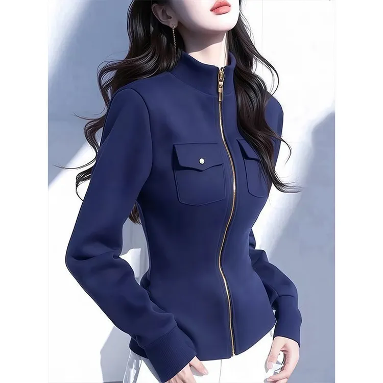 深蓝色卫衣春装女款2025年新款拉链收腰高级感上衣长袖开春外套