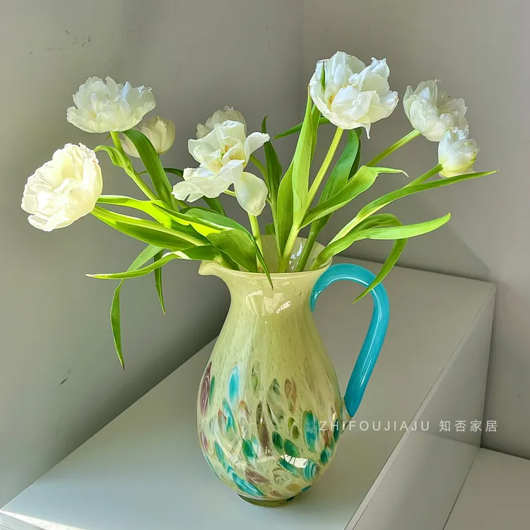 蓝色手把芬顿中古花瓶餐桌琉璃花瓶高级感家居美式复古插花器摆件
