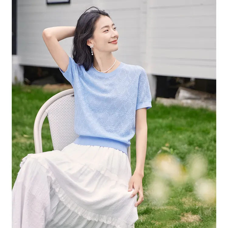 OSA/欧莎 欧若风菱格肌理提花通勤女式t恤短袖女夏薄款S125B16030