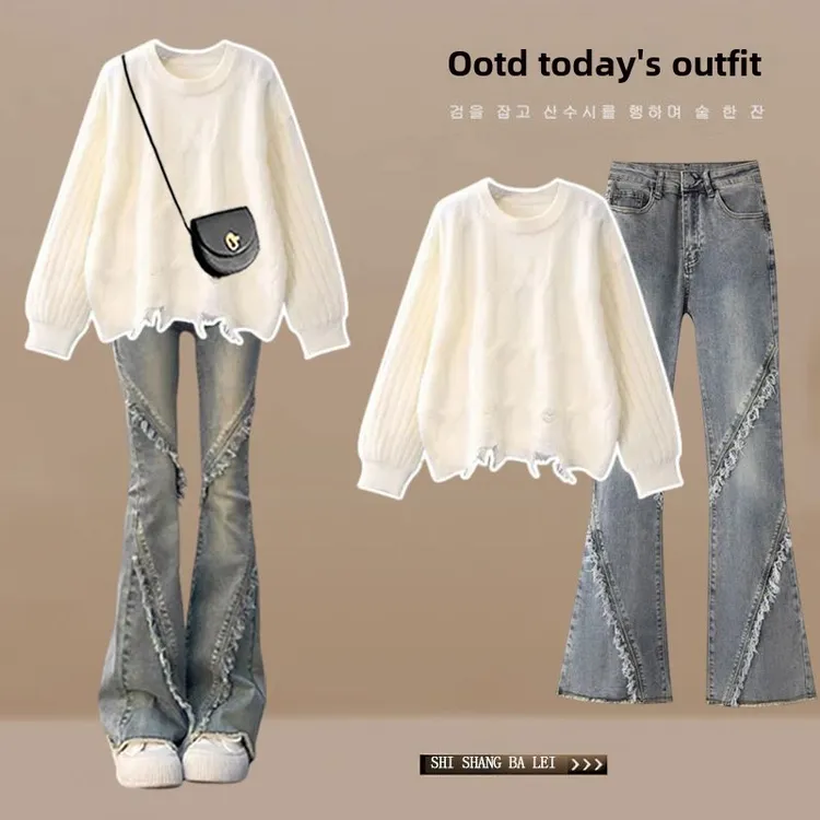 2025年春秋季新款胖姐姐温柔甜美的圆领毛衣牛仔裤女士两件套休闲