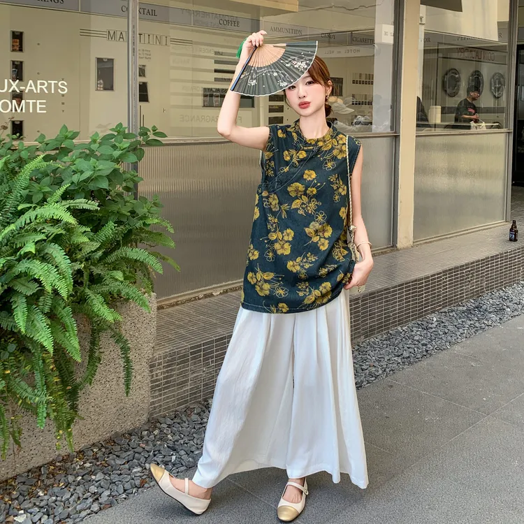 新中式牛仔印花无袖上衣套装大方得体穿搭一整套米白阔腿裤两件套