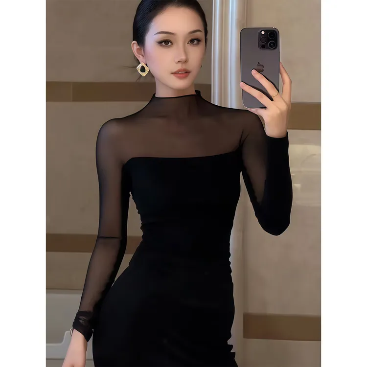 辣妹风性感网纱拼接半高领连衣裙女秋季新款纯色紧身透视包臀长裙