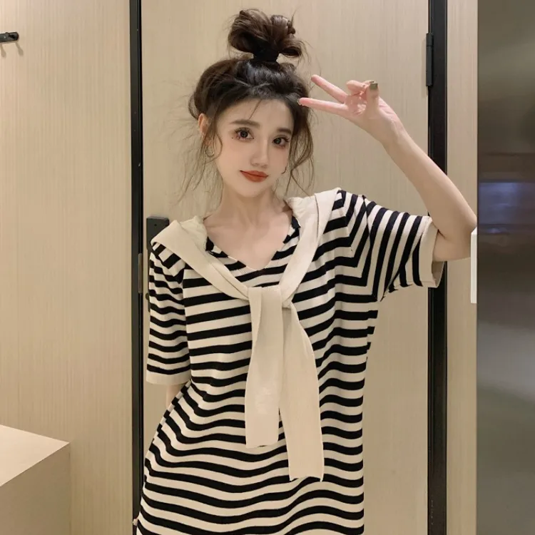 夏季新款条纹宽松显瘦连帽针织中长款裙子慵懒风休闲连衣裙女