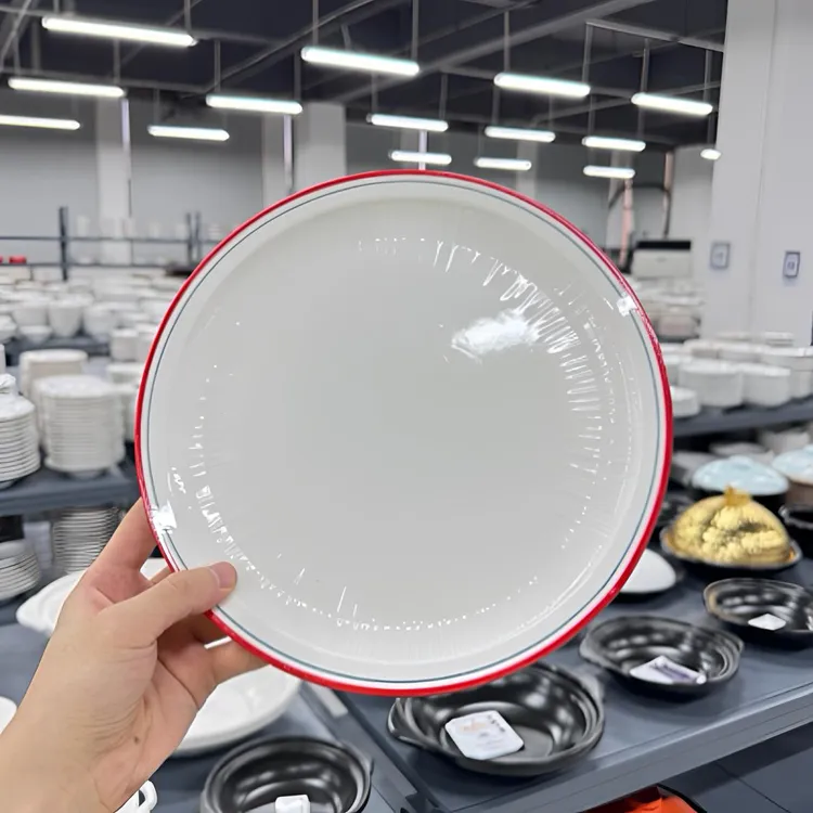 热门酒店陶瓷餐具 经典圆浅盘 幽梦红绿双线 正品一级