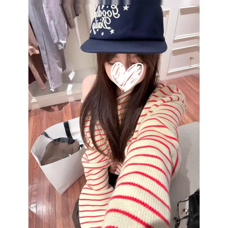 韩系oversize撞色条纹一字领针织毛衣上衣女2025秋冬季新款01165