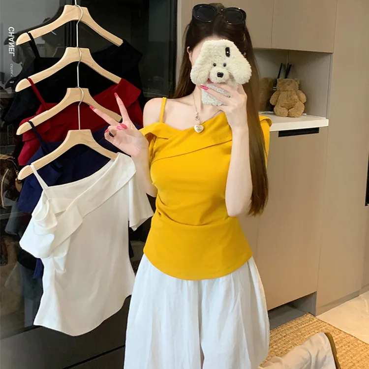 2025夏装胖mm大码女设计感时尚纯欲风斜领吊带别致褶皱短袖T恤衫