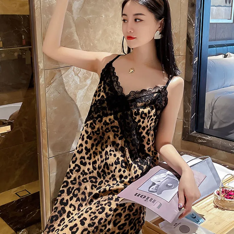 性感豹纹醋酸混雪纺蕾丝边V领吊带女士夏季新款气质大码家居睡裙